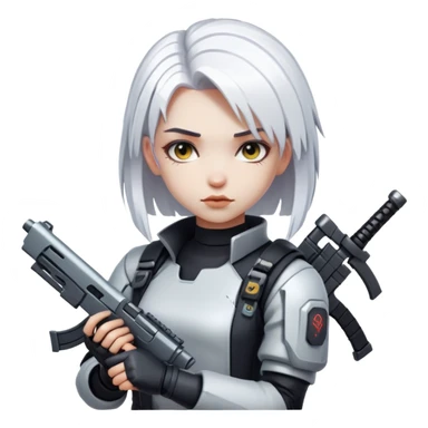 young girl, white long hair, weapon, cyberpunk sticker