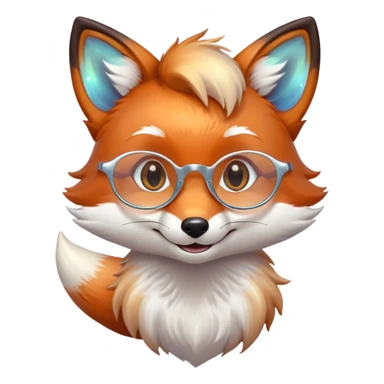 A gentle fox with iridescent fur, a glowing tail, a silver star on its forehead, and round glasses, smiling softly with closed, happy eyes. 🦊😊 sticker