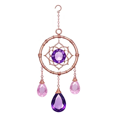 Hanging suncatcher, threads with shiny sparkly amethyst and rose-quartz gemstones,  sticker