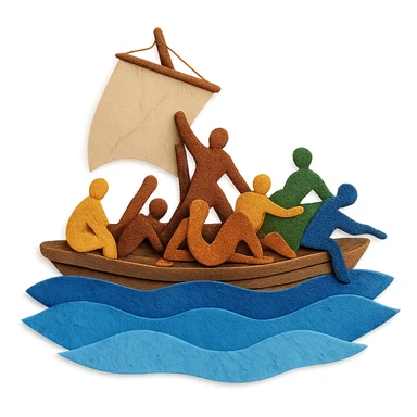 paper craft style Le radeau de la Méduse, layered paper look, raft and people, blue sea sticker