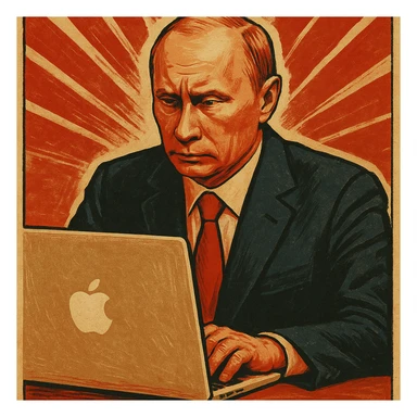 Vladimir Putin working on a MacBook in a vintage propaganda poster style sticker