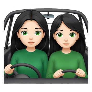 Girl 2 with black shirt girl 1 with green sweater Two girls both with black long hair in a white car driving to a destination sticker