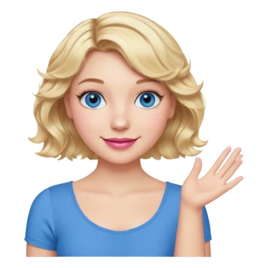 Girl Blonde short wavy hair,  blue eyes, cute blue top, long lashes, pink lips, smiling, one hand 🤷🏼‍♀️  sticker