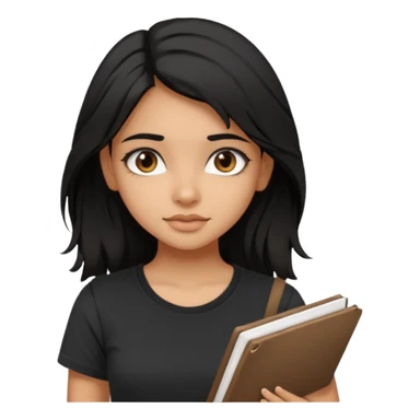 a pretty tan indian bratz girl with messy dark black hair, wearing a black tee carrying a sketchbook sticker