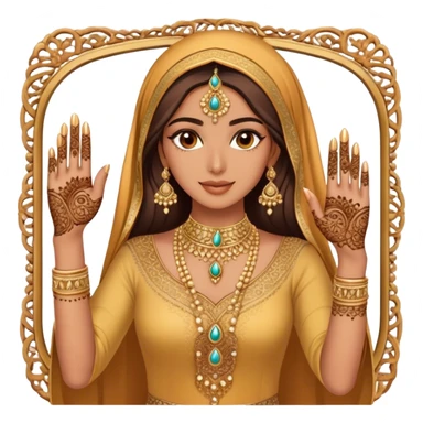 An Arab woman takes a mirror selfie, showcasing her beautifully adorned hands with intricate henna designs and long, elegant nails. She wears multiple gold rings that complement her shimmering golden traditional outfit. sticker