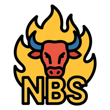 text 'NBS' in front of a stylized bull, both outlined in flames, vibrant and popping, Discord emoji style sticker