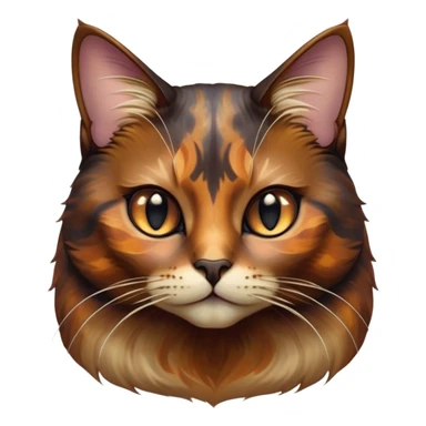 Cinematic Noble Tortoiseshell Cat Portrait Emoji, Poised and dignified, showcasing a luxurious, mottled fur of rich browns and blacks, with elegantly arched whiskers and a determined yet gentle expression, simplified yet meticulously detailed, glowing with a subtle, regal radiance, high shine, embodying quiet nobility and refined charm, soft glowing outline, capturing the essence of a sophisticated tortoiseshell cat exuding quiet authority! sticker