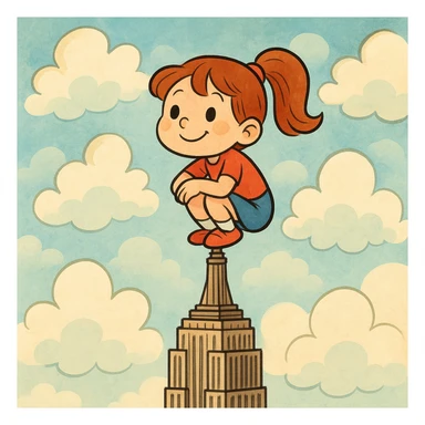 a cartoon girl squatting on the spire of the Empire State Building, whimsical style, clouds around sticker