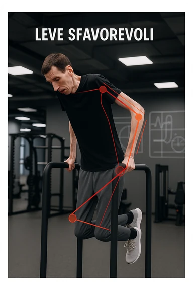 a tall, lean man with very long arms and a short torso attempts a dip on parallel bars. His elbows are deeply bent and his body appears awkwardly positioned, highlighting the mechanical disadvantage. An overlay shows anatomical lines and angles, with labels explaining “Leve Sfavorevoli” The background is a modern gym, with a focus on biomechanics. in italiano sticker