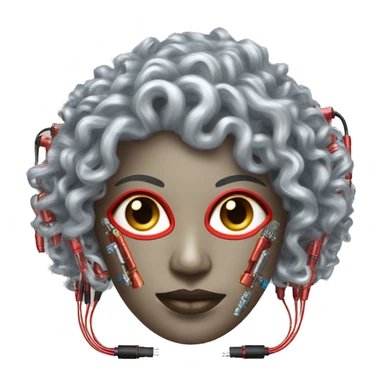 Silver curly hair female cyborg head with red mask and circuits sticker