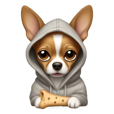 Brown chihuahua wearing a hoodie holding a dog bone sticker
