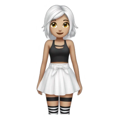 Frontal view curvy emo girl sits white skirt striped stockings hands up sticker