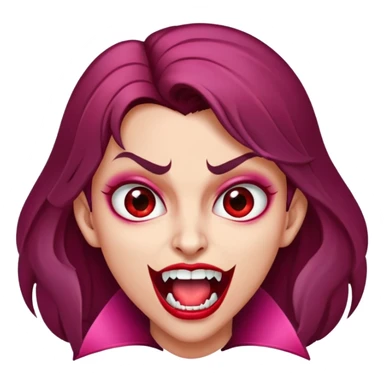 Uma vampira, com a boca aberta mostrando os caninos afiados. Olhos castanhos, cabelo com mechas vermelhas quase rosa. Rosto oval, tom de pele parda. sticker