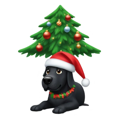 Large black dog under Christmas tree sticker