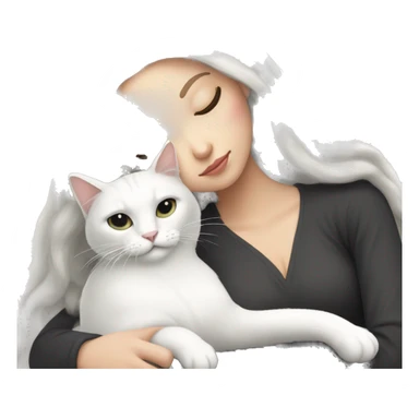 A pretty white girl with very long black hair and sleeping curled up to a white cat  sticker