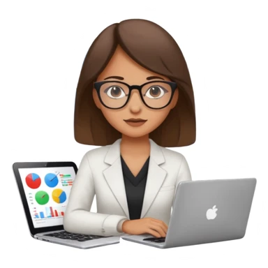 girl analyst with a laptop, surrounded by charts and data emoji sticker