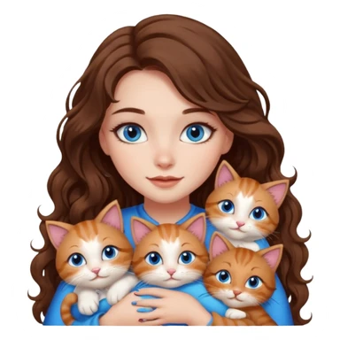 girl with long wavy brown hair, blue eyes, long lashes makeup, cuddling with 6 cute cats sticker