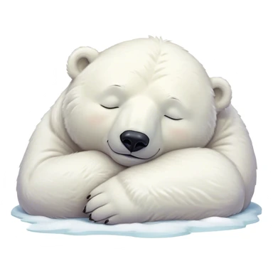 Meme-Worthy cute Sleeping Polar Bear Portrait Emoji, Head resting peacefully with a contented smile, showcasing a luxuriously soft snowy coat and eyes closed in serene slumber, Simplified yet hilariously adorable features, highly detailed, glowing with a soft, drowsy polar light, high shine, relaxed and utterly lovable, stylized with an air of playful laziness, bright and heartwarming, soft glowing outline, capturing the essence of a sleeping polar guardian that feels destined to become the next viral sensation of adorable rest! sticker