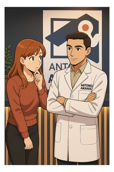 su questo stile fai un manga/webtoon a colori in cui una donna SI TOCCA IL MENTO MENTRE FA UNA DOMANDA ALL'UOMO, l'uomo della foto in stile manga LE SPIEGA CHE DEVE PROVARE LA SUA VALUTAZIONE MEDICA, mantieni un ambiente simile alla foto che ho allegato con il suo logo (sarebbe il suo studio, lui è un kinesiologo), scrivigli "ANTONIO ANANIA" sul camice bianco, non mettere fumetti, ma fai in modo che sembri che la donna CHIEDA E  l'uomo RISPONDA sticker