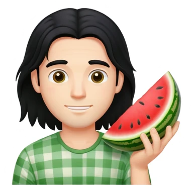 A guy with long black hair with a watermelon sticker