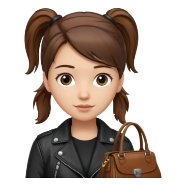 A girl with a pony tail brown hair and white ish skin with a black jacket and a brown purse  sticker