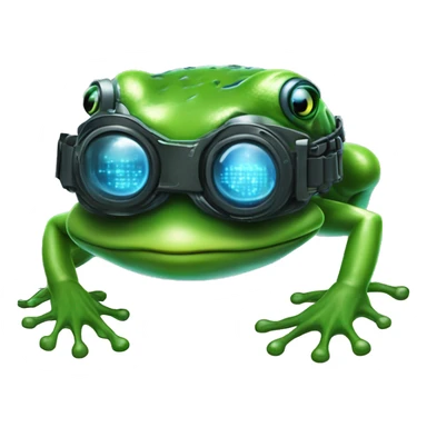 Create a high-quality emoji resembling a cybernetic frog mascot inspired by Neo from The Matrix. The emoji should feature the frog's face with sleek VR goggles and a form-fitting cyber armor with glowing blue circuit patterns.  sticker