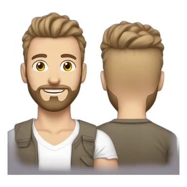 white man with man bun brown and beard with t shirt sticker