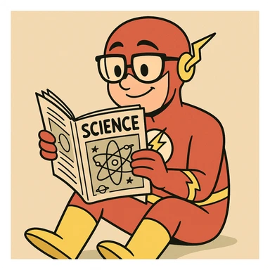 Geeky The Flash, reading a science magazine, playful illustration sticker