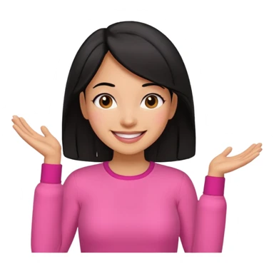 black hair woman with pink outfit and happy face sticker