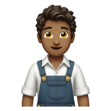 boy pointing to the sky, dark brown wavy hair, wearing blue jeans overalls and white shirt. half body shot. view from behind, back. sticker