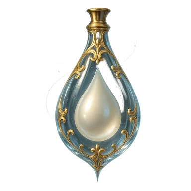 luxurious crystal elixir bottle in tear shape, transparent with pearlescent tear-shaped filling inside, lots of glowing, edges, ornaments, golden details, magical effects, very small golden neck, transparent background, beautiful merging bottom, clearly hanging in the air, no base or shadow, premium class impression, elegant and subtle design, matching a collection of crystal, luxurious, magical bottles sticker