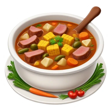 Cinematic Realistic Sancocho Soup Dish Emoji, featuring a rich, hearty stew with diverse meats and vegetables rendered with lifelike detail and warm, comforting lighting. sticker