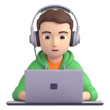 3D emoji style portrait of a focused student conducting an online exam, wearing headphones, sitting in front of a laptop, neutral background sticker