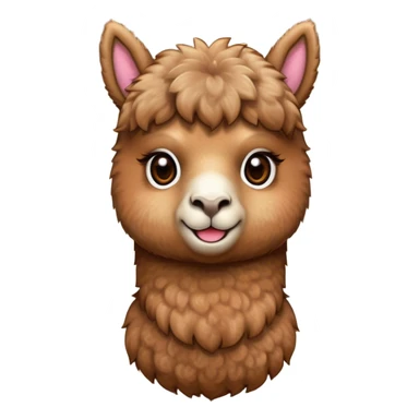 Cinematic Cute Brown Alpaca Portrait Emoji, Head tilted playfully and inquisitively, featuring a plush, rich brown fleece with a natural sheen, round, sparkling warm eyes filled with curiosity, Simplified yet irresistibly adorable features, highly detailed, glowing with a warm, friendly glow, high shine, affectionate and gentle, stylized with a touch of whimsy, bright and endearing, soft glowing outline, capturing the essence of a mischievous yet loving alpaca, so playful it feels like it could prance out of the screen and into your arms! sticker