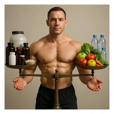 A 35-year-old bodybuilder con equilibrio su uso di sostanze e non. immagine iper realistica, fai una bilancia sticker