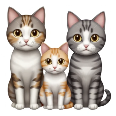 3 different coloured short haired cats including; a dark brown tabby and white cat, and a dark grey and white  sticker