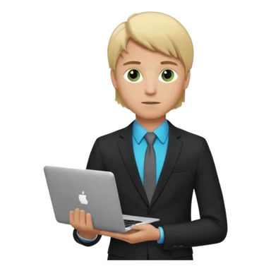 a young boy of about 20 with blond hair that is medium length, he is dressed in suit with tie and jacket, tie blue jacket black, in his hands he has a gray macbook, and black iphone. green-brown eyes sticker