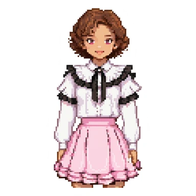 light skin girl, brown eyes, short curly brown hair, white blouse with ruffles, pink skirt with ruffles sticker