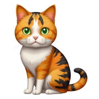 full body colourful calico tabby cat with skinny head and fat body with an anxious face sticker