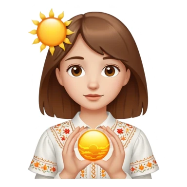 A young Ukrainian girl with brown hair wearing a white embroidered shirt holds the sun in her hands sticker
