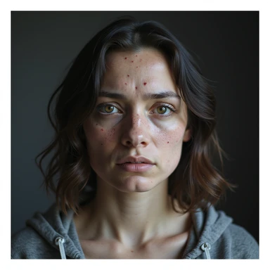 hyperrealistic 4K image of a woman with PCOS showing a very wide central part in her hair, visible scalp areas, face with acne and fine hair, sad expression, detailed sticker