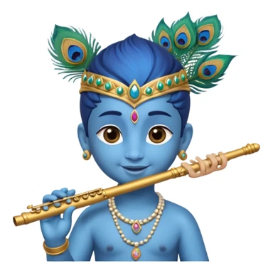Cute young Krishna emoji, soft blue skin, peacock feather on crown, charming smile, holding a flute, big expressive eyes, round chibi emoji style, divine and joyful look." sticker