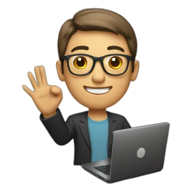 man wearing glasses and holding a computer in his right hand and signaling OK with his left hand sticker