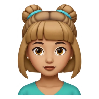 In Apple Memoji format, a girl with bangs and her hair in a bun. The girl has light brown skin and arab ethnic features sticker