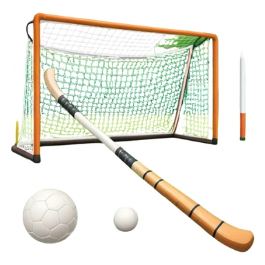 A field hockey stick and ball resting on a well-maintained grass field, with the goalposts and markings visible in the background. The scene highlights the precision and focus of the sport, with the vibrant green pitch creating a dynamic atmosphere. sticker