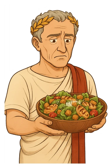 Используя такую стилистику сгенерируй Императора Цезаря, который задумчиво держит в руках тарелку с салатом Цезарь, прозрачный фон sticker