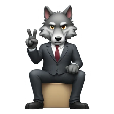 Wolf ceo wearing a suit determined smirking full body pose hands showing a peace sign  sticker