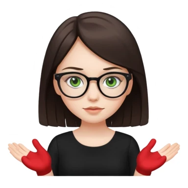 a cute white brunette girl with green eyes in a black dress wearing glasses  with two hands  sticker