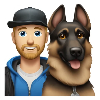 white male with blue eyes, a black beard and a baseball hat alongside a black and brown german shepherd  sticker