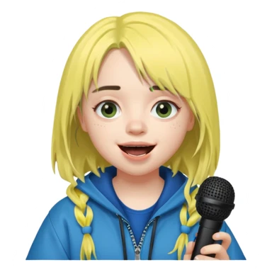 billie eilish is singing, holding mirco and smile sticker